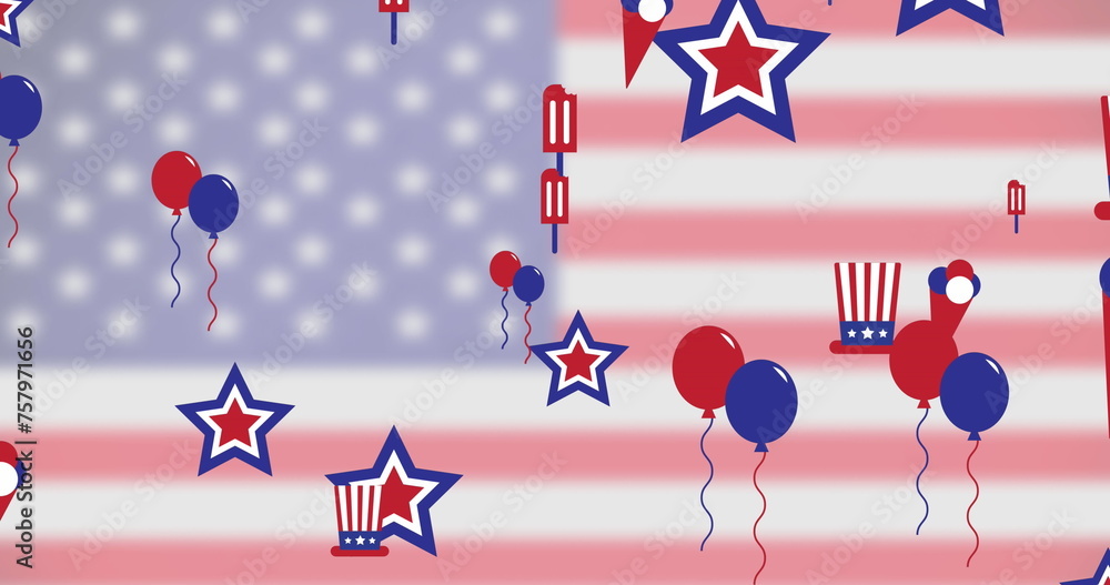 Fototapeta premium Image of stars, balloons and top hats over flag of united states of america background