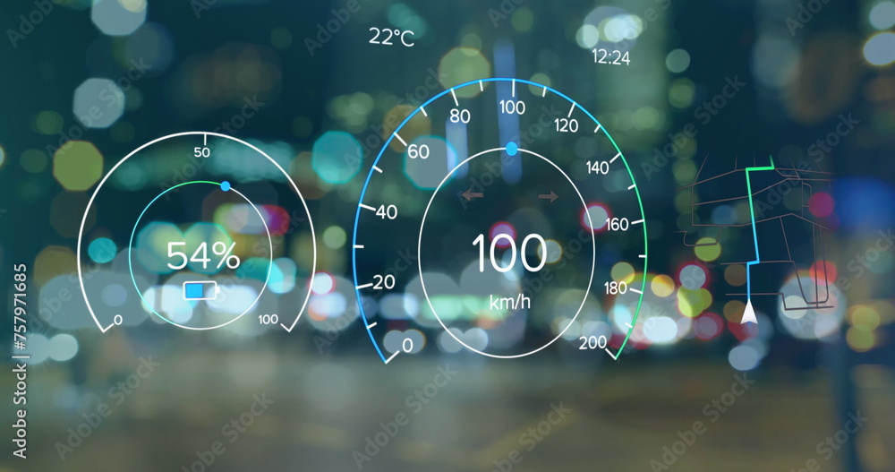 Image of changing numbers in speedometers and navigation pattern over blurred vehicles on street - obrazy, fototapety, plakaty 