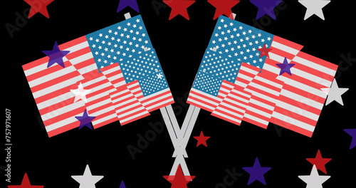 Image of stars falling over flags of united states of america on black background
