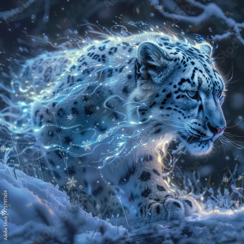 Snowflake Leopard A Majestic Feline Blending Seamlessly into an Ethereal Winter Landscape