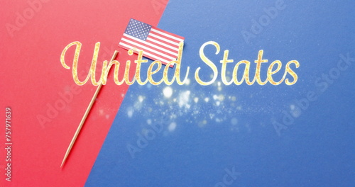 Image of united states over flag of united states of america on red and blue background
