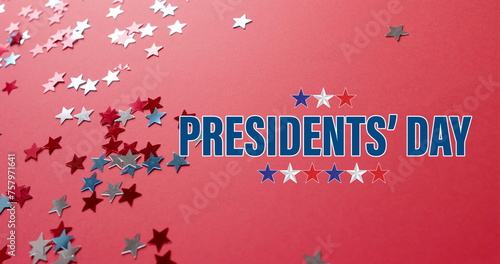 Image of president's day text over stars of united states of america on red background