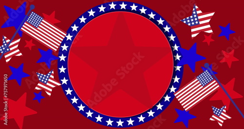 Image of circle with copy space, stars and flags of united states of america on red background