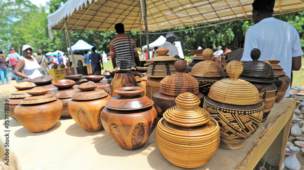 Handmade dishes. Selling handicraft goods at a market or fair Handmade dishes. Selling handicraft goods at a market or fair
