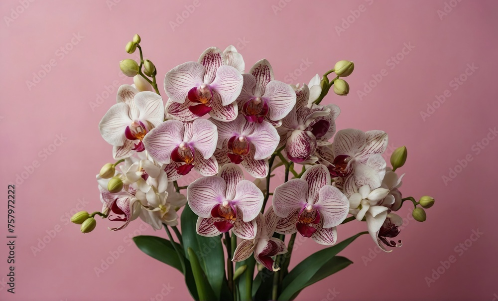 A bunch of pink orchids on pink background. Blooms for mom with copy space. Bride beautiful bouquet, Birthday, Valentine day, Easter, Wedding , banner, card