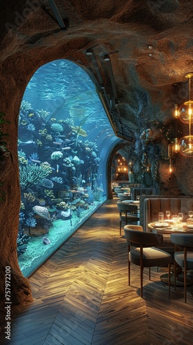 Underwater-themed restaurant with aquarium walls and marine decor3D render. photo