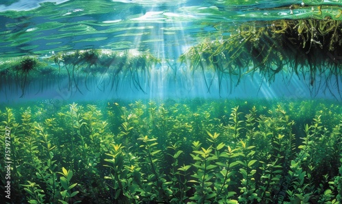 Blue carbon sinks. Natural carbon sinks capture emissions. Underwater plant role in carbon sequestration photo