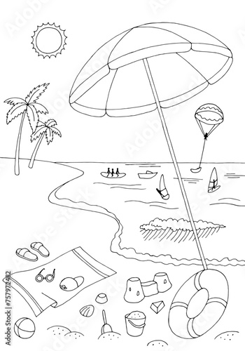 Summer vacation beach sea coast graphic black white landscape sketch illustration vector