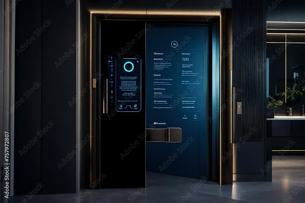 A smart apartment door with a built-in virtual assistant offers individualized greetings and information. A smart apartment door with a built-in virtual assistant offers individualized greetings and information.