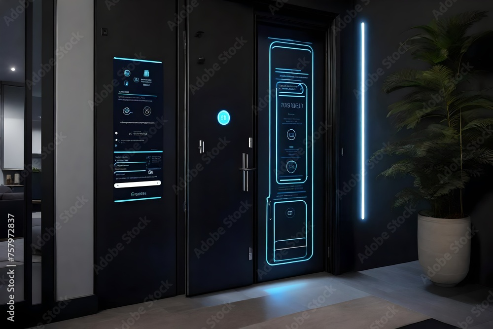 A modern apartment door with a built-in virtual assistant that provides individualized greetings and information. A modern apartment door with a built-in virtual assistant that provides individualized greetings and information.