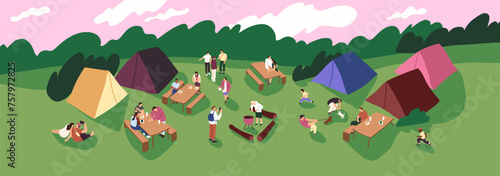 Trekking group sets up tent city in clearing. People camping, do barbecue, eating on picnic tables in nature. Summer entertainment outdoor. Friends rest in holiday hike. Flat vector illustration