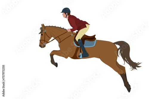 vector illustration of a jockey on a horse in a high jump. The theme of equestrian sports, training and animal husbandry. Isolated on a white background  © NataSao