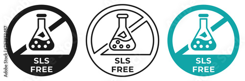 SLS and SLES free icon. Paraffin, paraben and sulfate forbidden label. No chemicals ban or prohibition logo, illustration, badge, symbol, stamp, sticker, emblem or seal isolated. photo