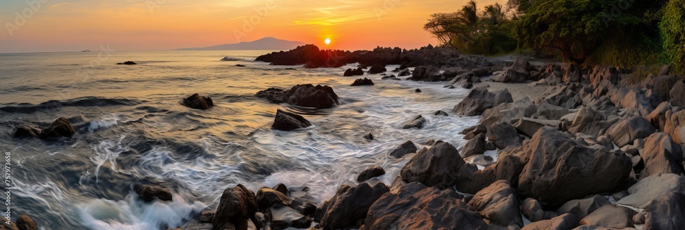 Tranquil coastal panorama with gentle waves softly caressing the sandy shoreline Tranquil coastal panorama with gentle waves softly caressing the sandy shoreline