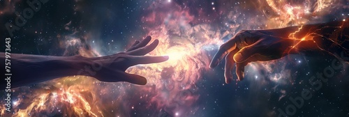 Conceptual design of a hand reaching out from a galaxy