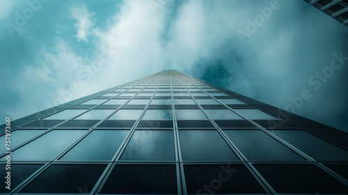 Tall glass office building, blue sky and clouds, low angle shot