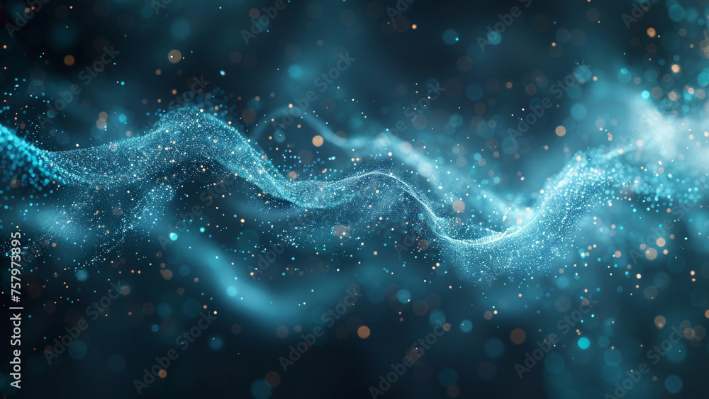 3D rendering of abstract digital particles. Futuristic wave with depth of field and bokeh. - obrazy, fototapety, plakaty 