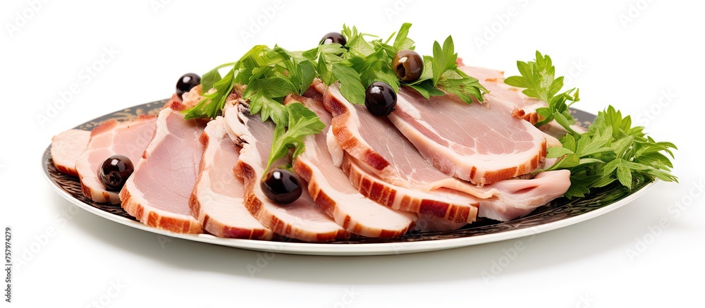 Delicious Plate of Sliced Ham Garnished with Savory Olives and Parmesan Cheese Delicious Plate of Sliced Ham Garnished with Savory Olives and Parmesan Cheese