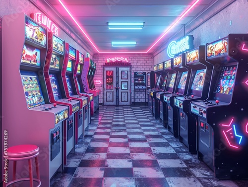 Retro game room with vintage arcade machines and a neon sign3D render. photo