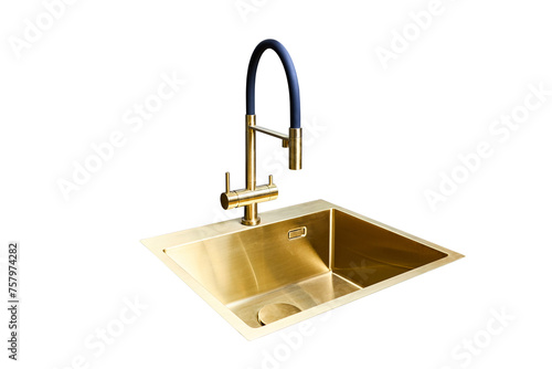 Golden brass and blue square sink and faucet double tap mixer in contemporary modern design for insert into modern contemporary kitchen countertop isolated on white mockup.