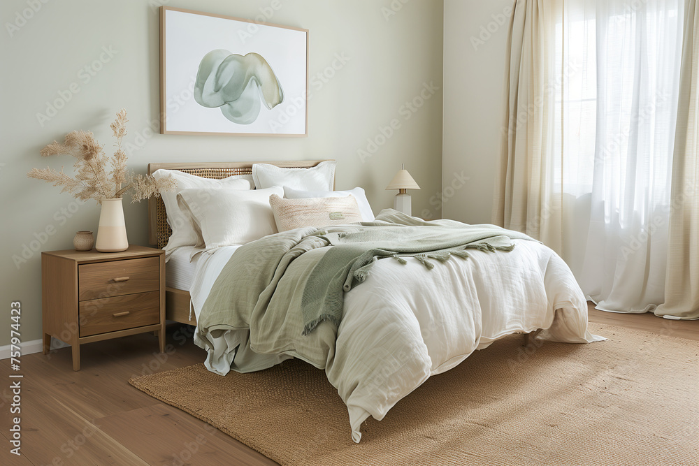 A cozy bedroom with light green walls, light green and neutral color bed linen, wooden bedside table, art horizontal posters on a wall, woven rug, coastal style decor, cotton white and beige curtains. A cozy bedroom with light green walls, light green and neutral color bed linen, wooden bedside table, art horizontal posters on a wall, woven rug, coastal style decor, cotton white and beige curtains.