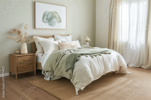 A cozy bedroom with light green walls, light green and neutral color bed linen, wooden bedside table, art horizontal posters on a wall, woven rug, coastal style decor, cotton white and beige curtains.