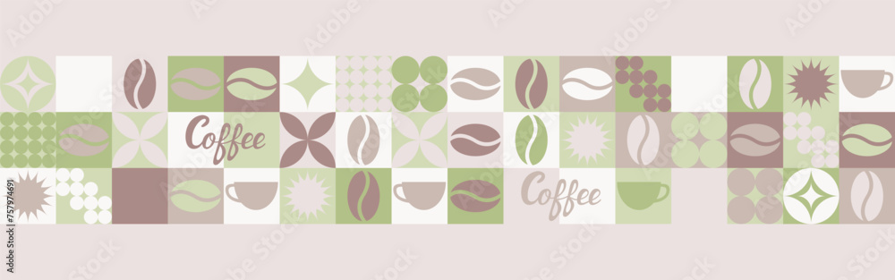 Coffee seamless background for textile and wallpaper with geometric shapes and coffee beans. Fashionable splash template with a cup in brown and green tones. Coffee seamless background for textile and wallpaper with geometric shapes and coffee beans. Fashionable splash template with a cup in brown and green tones.