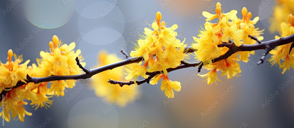 Vibrant Spring Blossoms on a Twig with Bright Yellow Flowers Vibrant Spring Blossoms on a Twig with Bright Yellow Flowers