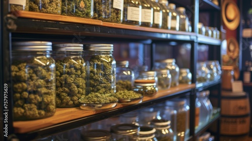 Containers with dried cannabis buds on display on shelf in a cannabis store.