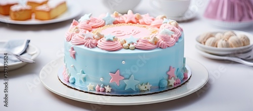 Delicious Cake with Pink Frosting and Blue Icing, Perfect for Celebrations and Parties