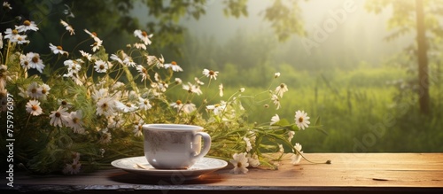 Vibrant Coffee Break: Enjoying a Cup of Fresh Brew on a Wooden Table with Colorful Flowers