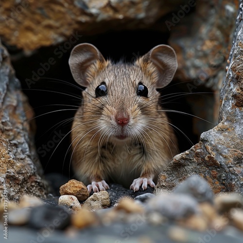 a mouse peeking out of a hole in a rock