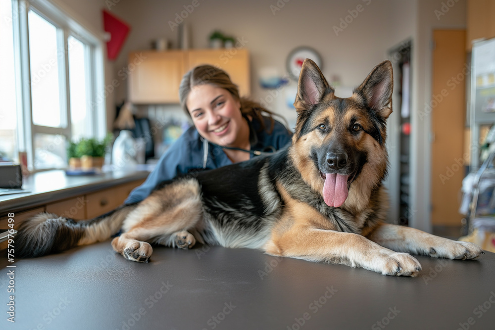 Veterinarian with a german shepherd dog in her veterinary office during a routine check-up