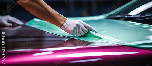 Professional Car Detailer Wearing White Gloves, Deep Cleaning and Polishing a Luxury Vehicle Exterior
