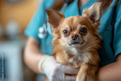 Veterinarian with a chihuahua dog in her veterinary office during a routine check-up