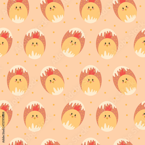 Seamless pattern with cute chick on an Easter egg on a light background