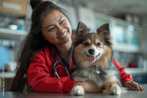 Veterinarian with a pomeranian dog in her veterinary office during a routine check-up