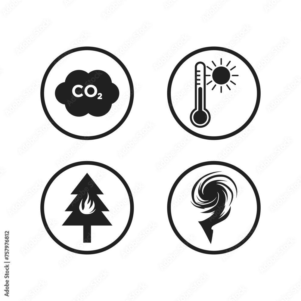 Climate change icon set. Four black designs on a white isolated background. CO2, Global Warming, Forest Burning, Tornado. Climate change icon set. Four black designs on a white isolated background. CO2, Global Warming, Forest Burning, Tornado.