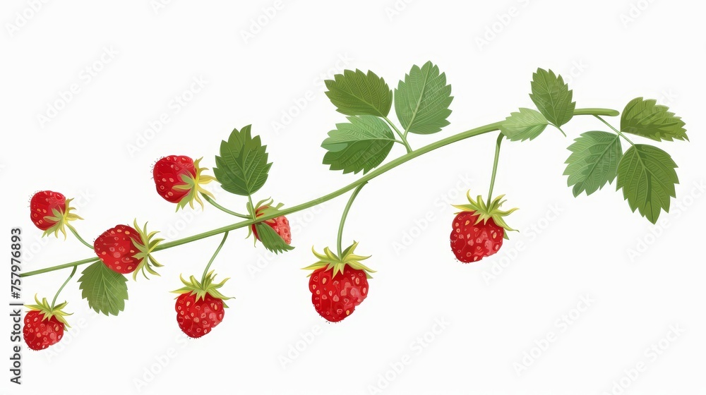 This ripe wild strawberry is growing on a stem with a leaf. Ripe strawberries and leaves grow on a woods plant. Fresh healthy summer food. Botanical flat modern illustration isolated on a white This ripe wild strawberry is growing on a stem with a leaf. Ripe strawberries and leaves grow on a woods plant. Fresh healthy summer food. Botanical flat modern illustration isolated on a white
