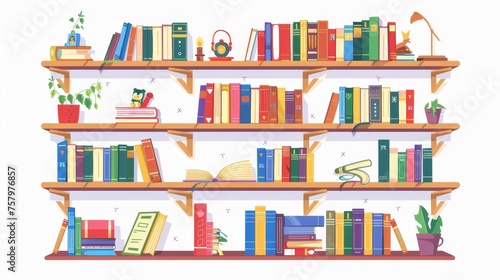 Children's bookshelf, home library with books and children's literature. Books, encyclopedias, school textbooks, flat modern illustration isolated on white.