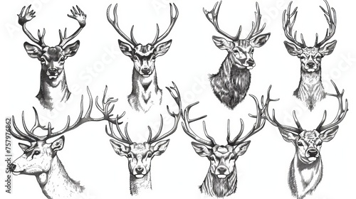 Drawings of reindeer, stag, and a head with antlers. Northern animal, outline engraving in retro style. Hand-drawn modern illustration isolated on white background.