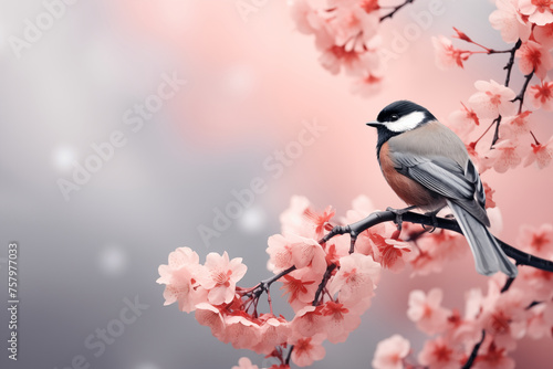 Titmouse sitting on branch of cherry blossom. Hanami festive banner concept. Blooming sakura with pink flowers in spring season. Spring wildlife birds concept. Beautiful Japanese nature background.