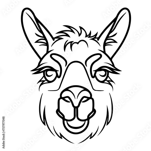 Wildlife wild animal symbol icon for logo - Black fine line art silhouette of alpaca head portrait, isolated on white background