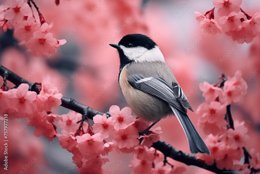 Obraz premium Titmouse sitting on branch of cherry blossom. Hanami festive banner concept. Blooming sakura with pink flowers in spring season. Spring wildlife birds concept. Beautiful Japanese nature background.