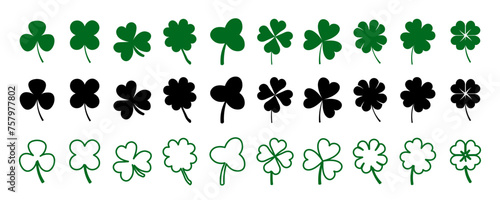 Luck clover icon. Collection of icons of green and lazy shamrock leaves of different shapes. Clover leaf outline sign. Stock vector eps10