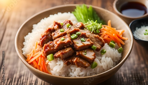 Fried pork with rice in bowl. Japanese food style, Donburi
