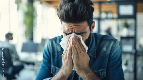 A person sneeze with tissue due to allergy reaction photo