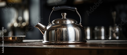 Vintage Tea Kettle Gracefully Resting on a Classic Wood Table in a Cozy Home Setting