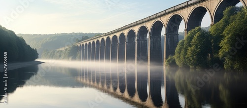 Sunset Journey: Train Crossing a Scenic Bridge Over Reflective River Waters