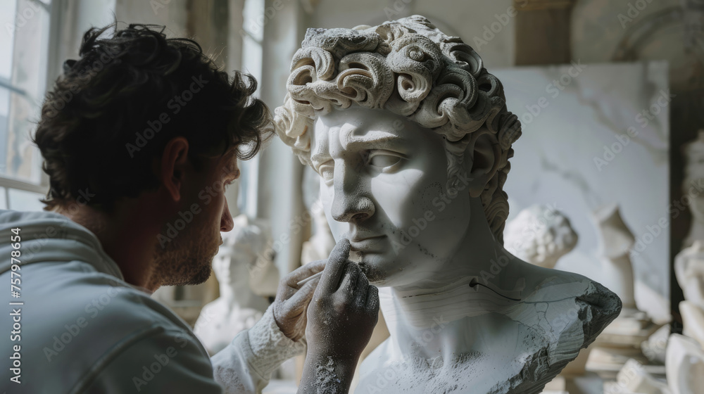 Sculptor working on a marble statue AI Sculptor working on a marble statue AI